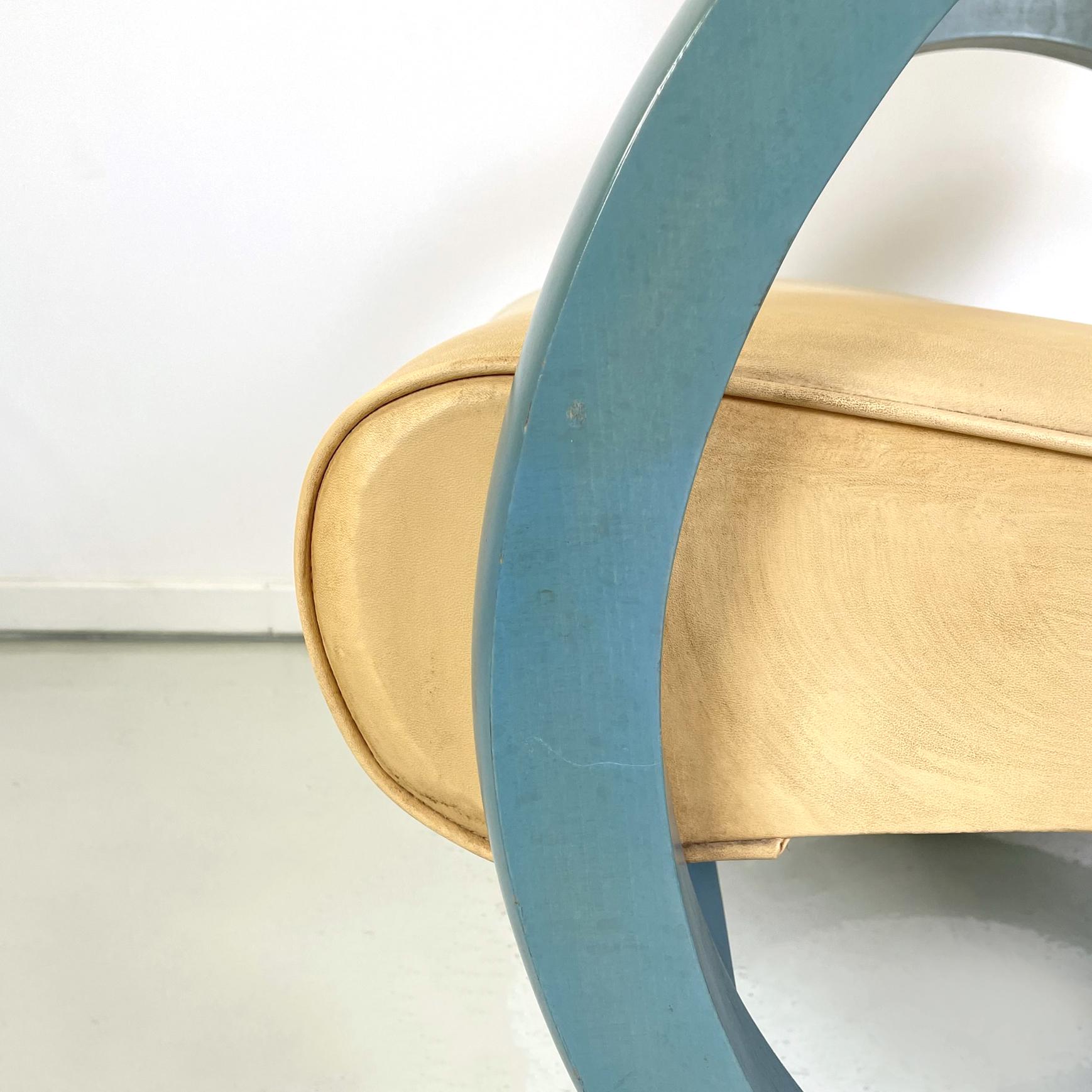 Italian Modern Armchair in Beige Leather and Light Blue Wood, 1980s For Sale 9