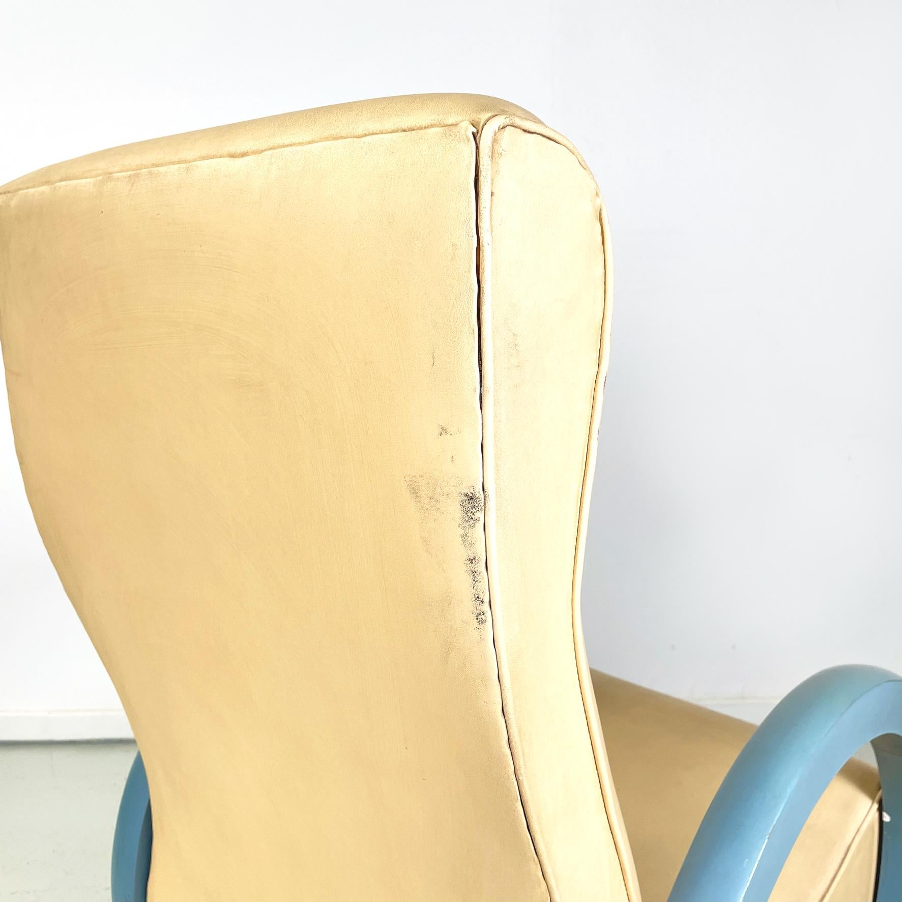 Italian Modern Armchair in Beige Leather and Light Blue Wood, 1980s For Sale 11