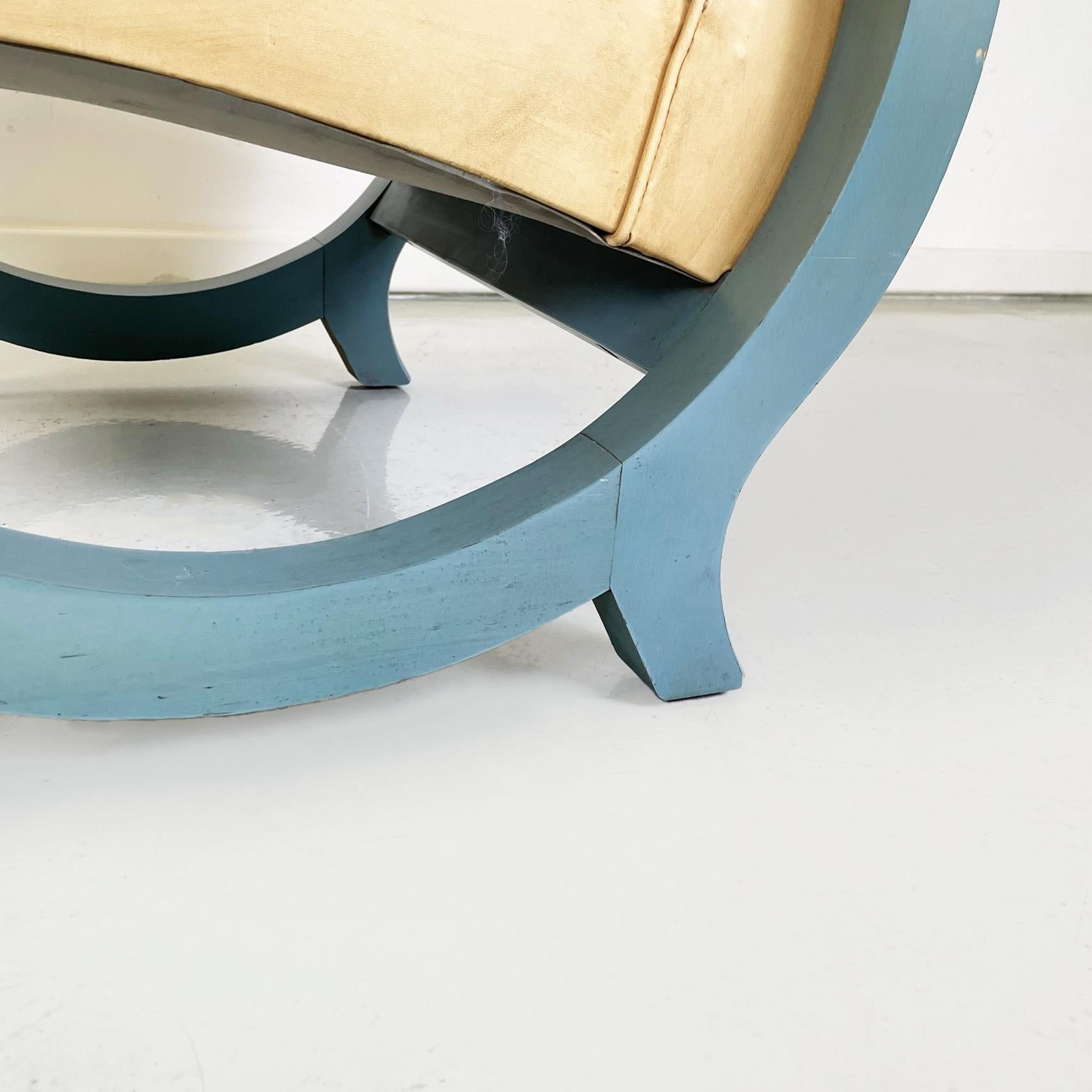 Italian Modern Armchair in Beige Leather and Light Blue Wood, 1980s For Sale 13