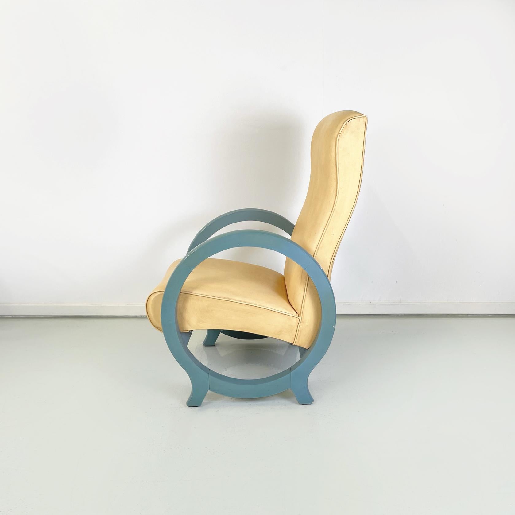 Italian Modern Armchair in Beige Leather and Light Blue Wood, 1980s In Good Condition For Sale In MIlano, IT