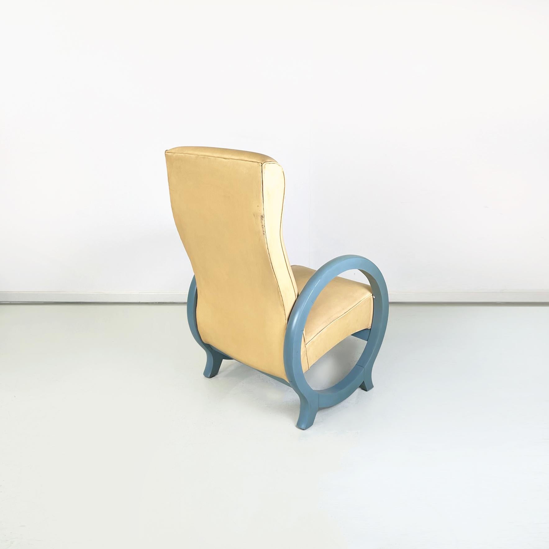 Late 20th Century Italian Modern Armchair in Beige Leather and Light Blue Wood, 1980s For Sale
