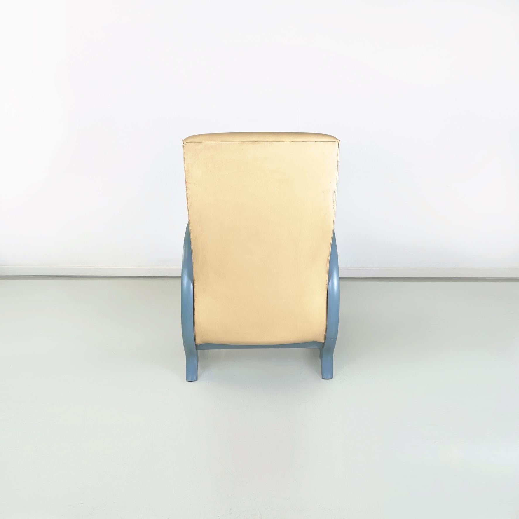 Italian Modern Armchair in Beige Leather and Light Blue Wood, 1980s For Sale 1
