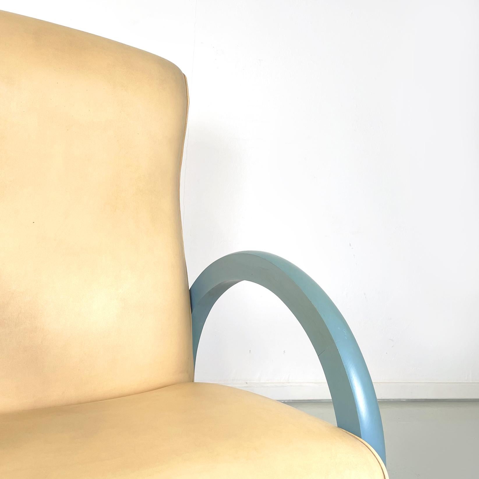 Italian Modern Armchair in Beige Leather and Light Blue Wood, 1980s For Sale 2