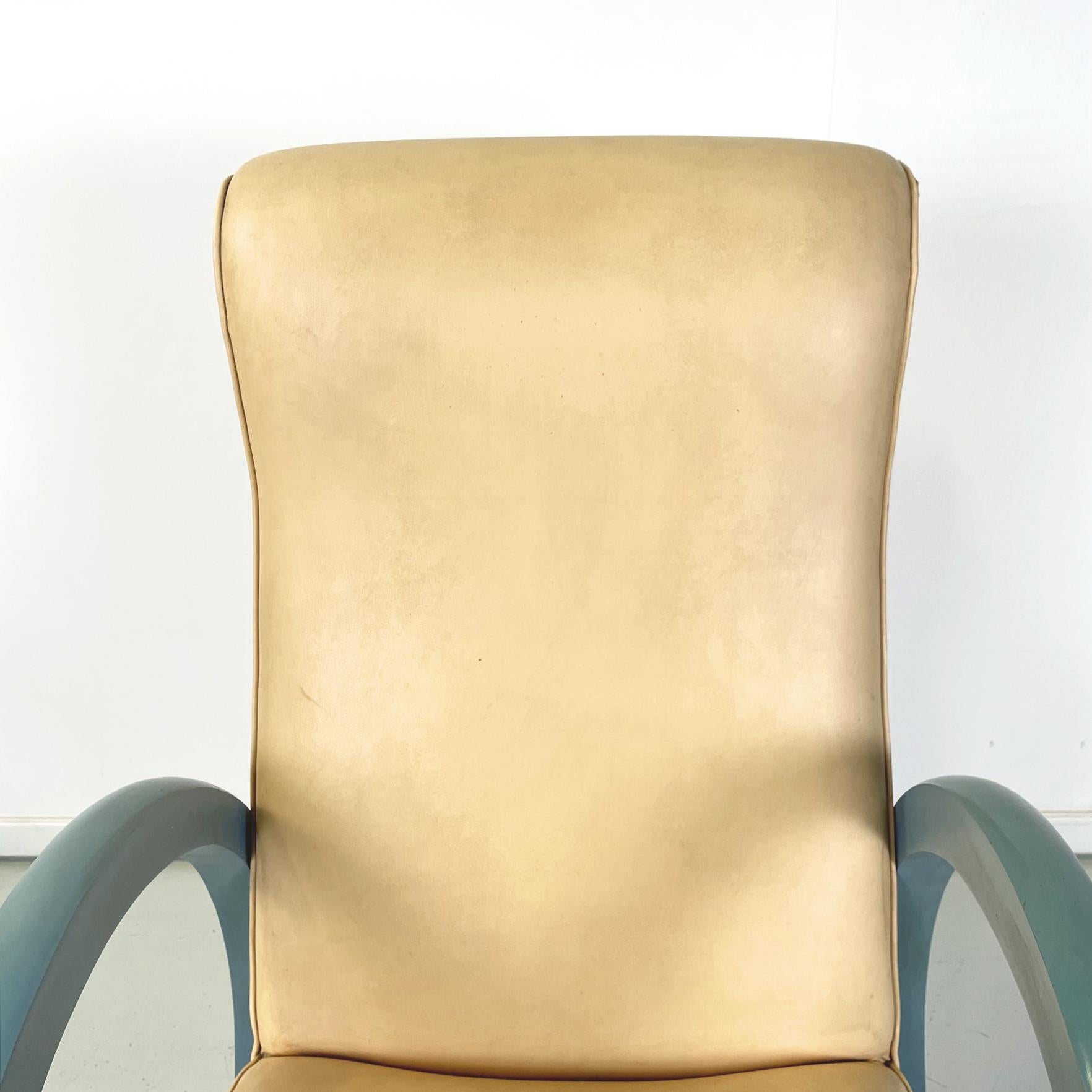 Italian Modern Armchair in Beige Leather and Light Blue Wood, 1980s For Sale 3