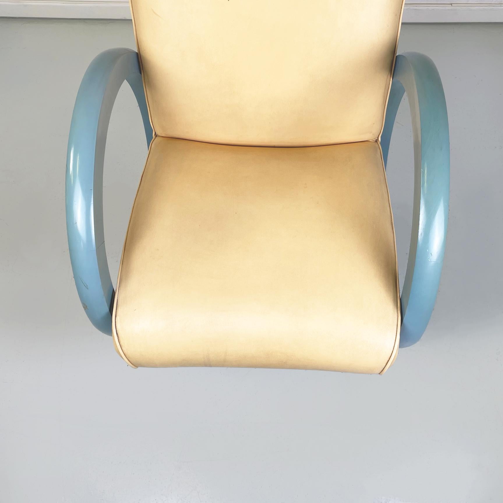 Italian Modern Armchair in Beige Leather and Light Blue Wood, 1980s For Sale 4