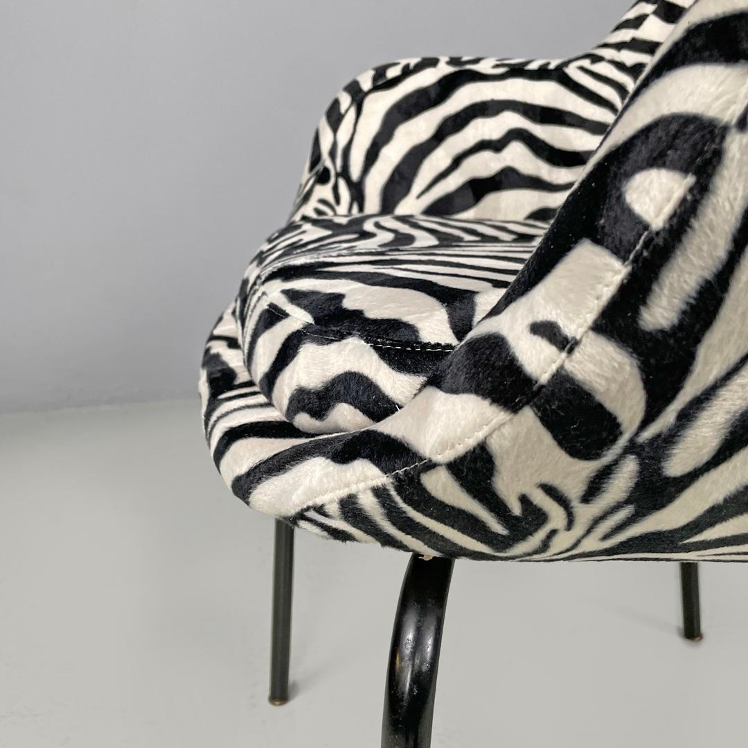 Italian modern armchair in black and white zebra fabric and black metal, 1970s For Sale 9