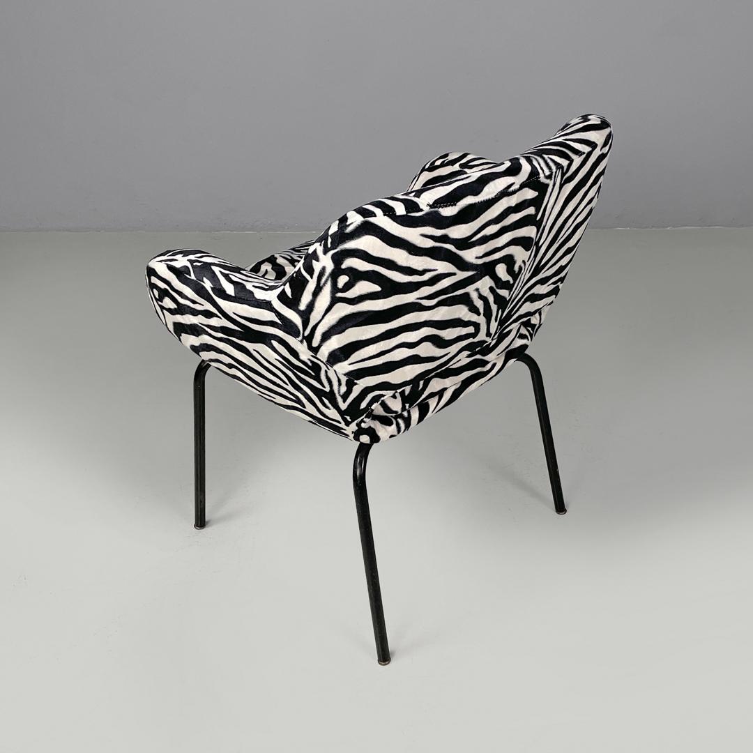 Late 20th Century Italian modern armchair in black and white zebra fabric and black metal, 1970s For Sale