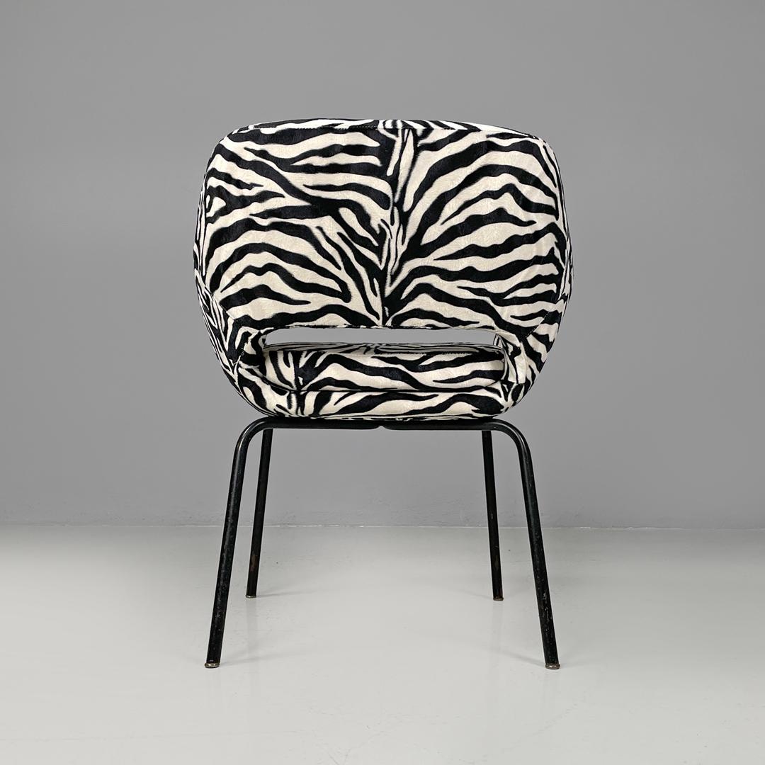 Metal Italian modern armchair in black and white zebra fabric and black metal, 1970s For Sale