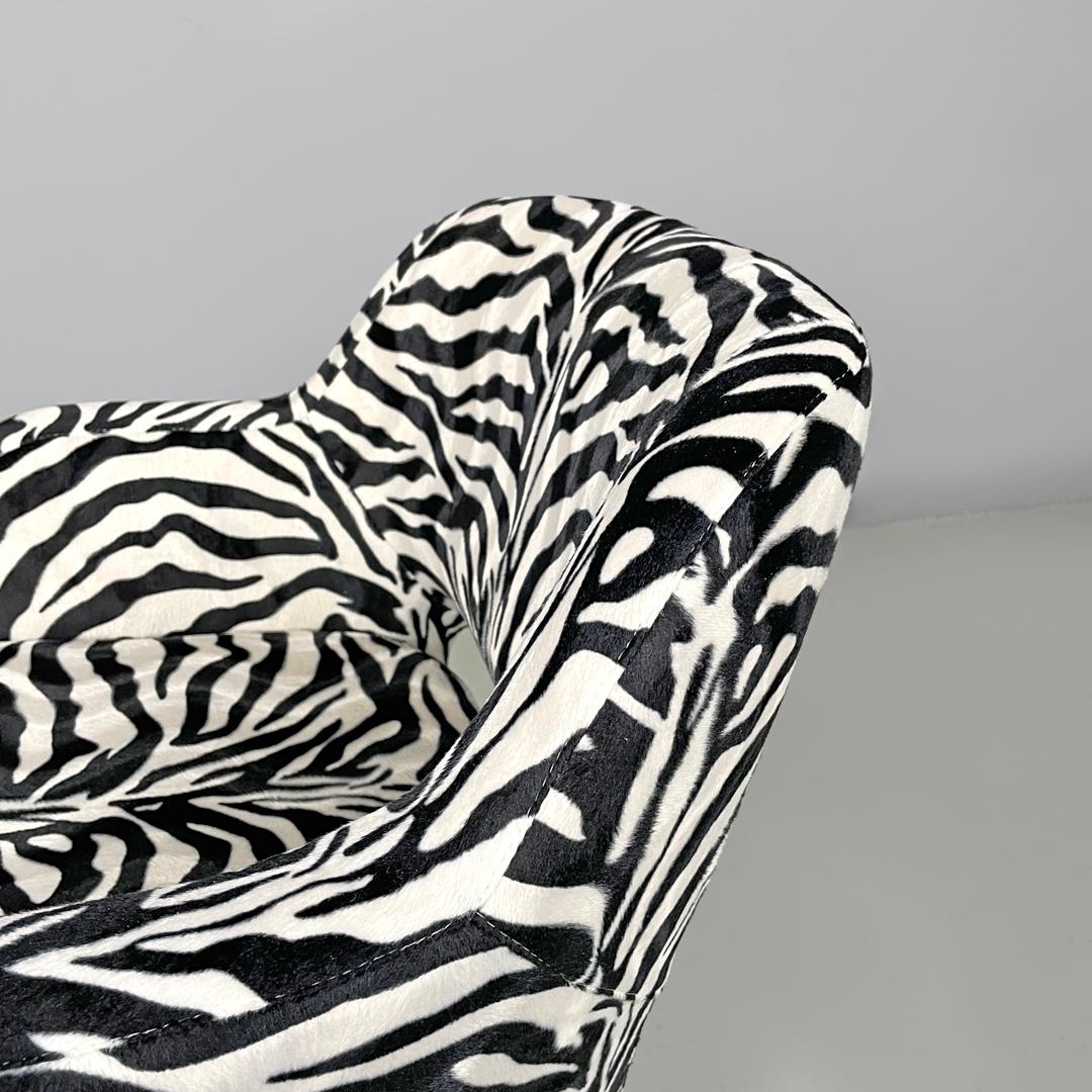 Italian modern armchair in black and white zebra fabric and black metal, 1970s For Sale 2