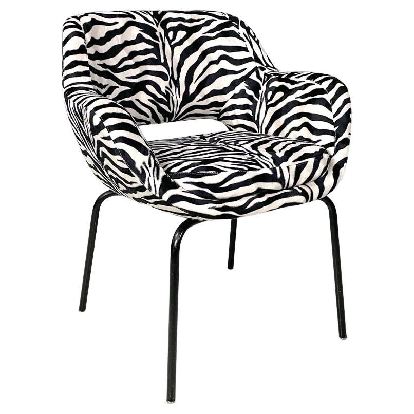 Italian modern armchair in black and white zebra fabric and black metal, 1970s
