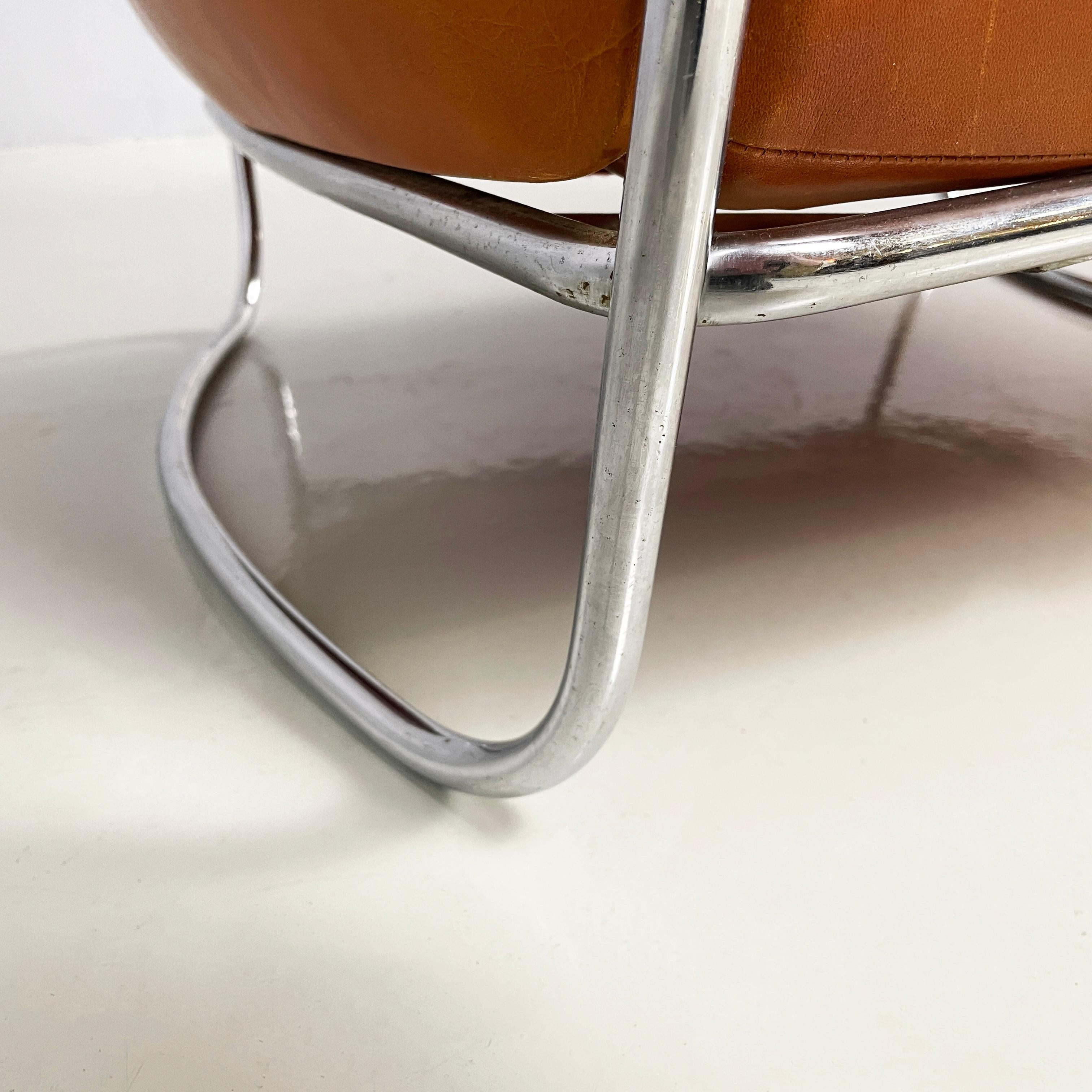 Italian modern Armchair in brown leather and chromed metal, 1970s 12