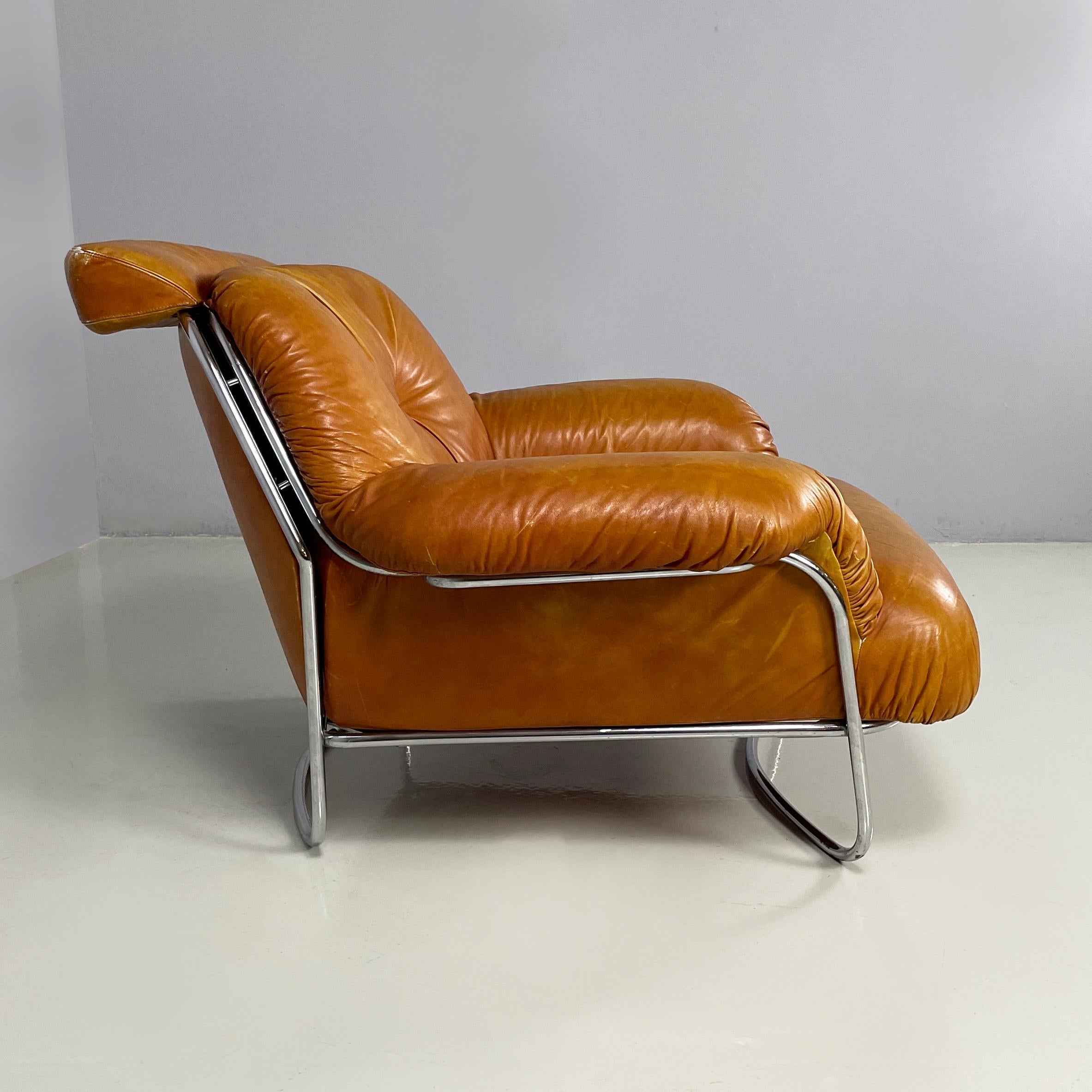 Modern Italian modern Armchair in brown leather and chromed metal, 1970s