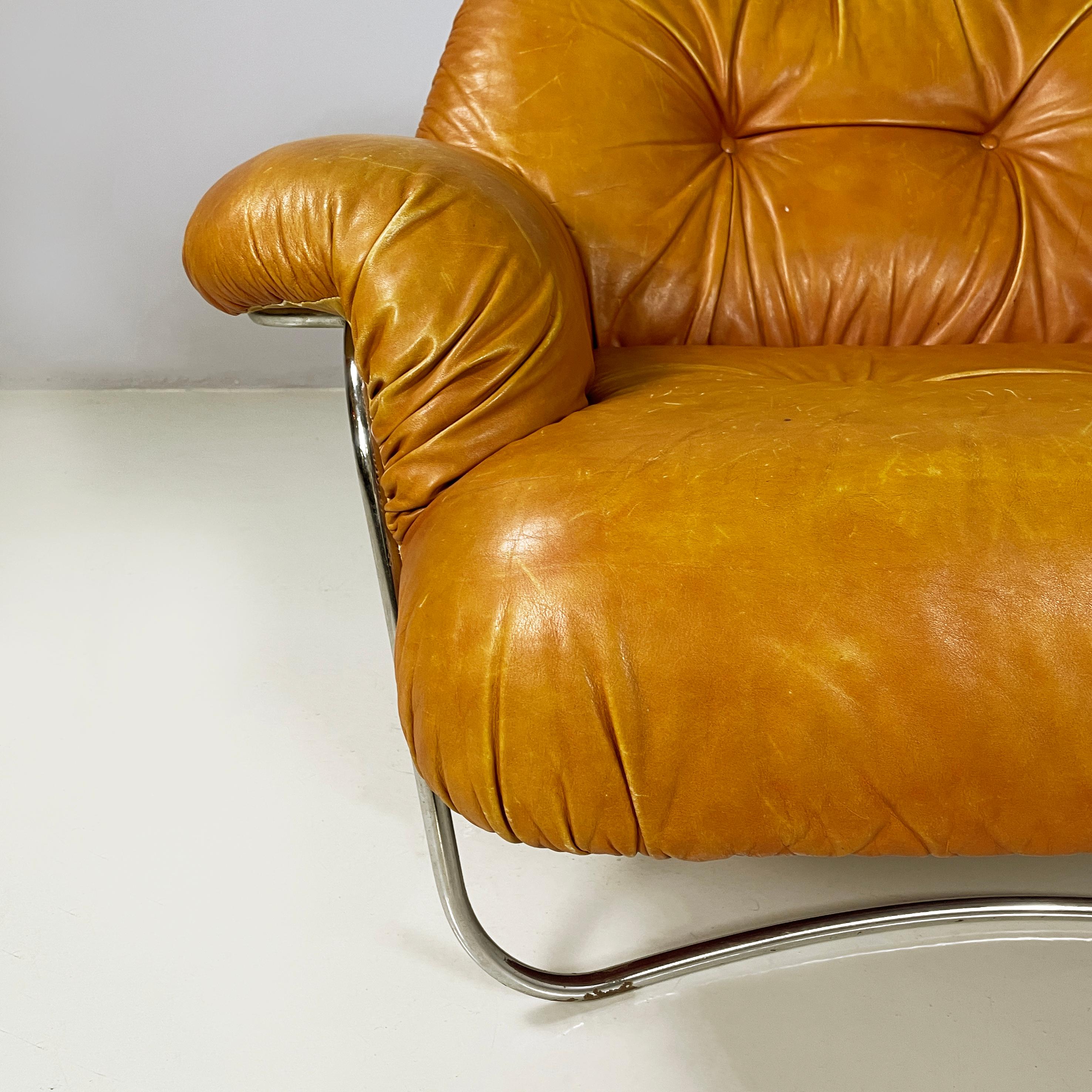 Italian modern Armchair in brown leather and chromed metal, 1970s 1