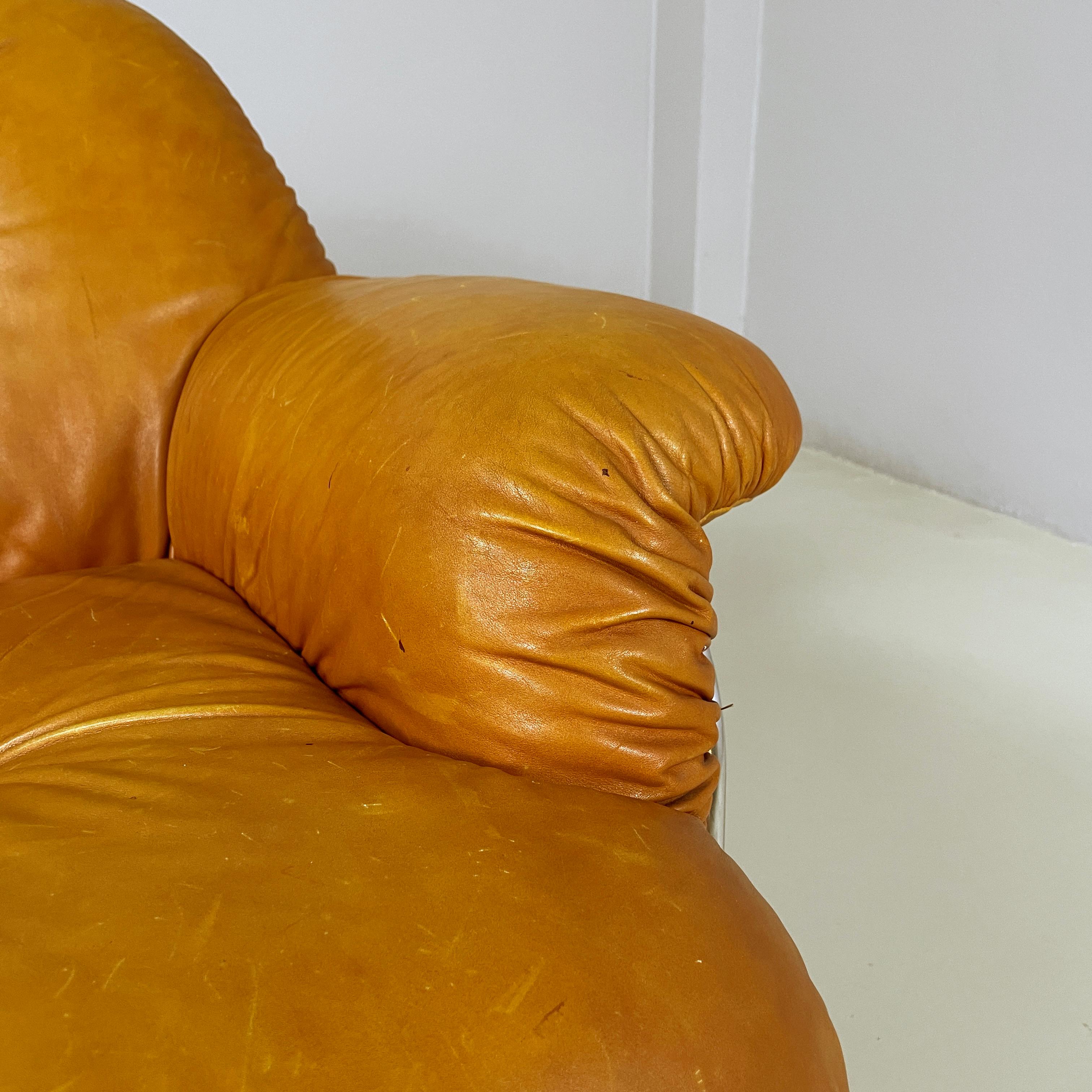 Italian modern Armchair in brown leather and chromed metal, 1970s 2