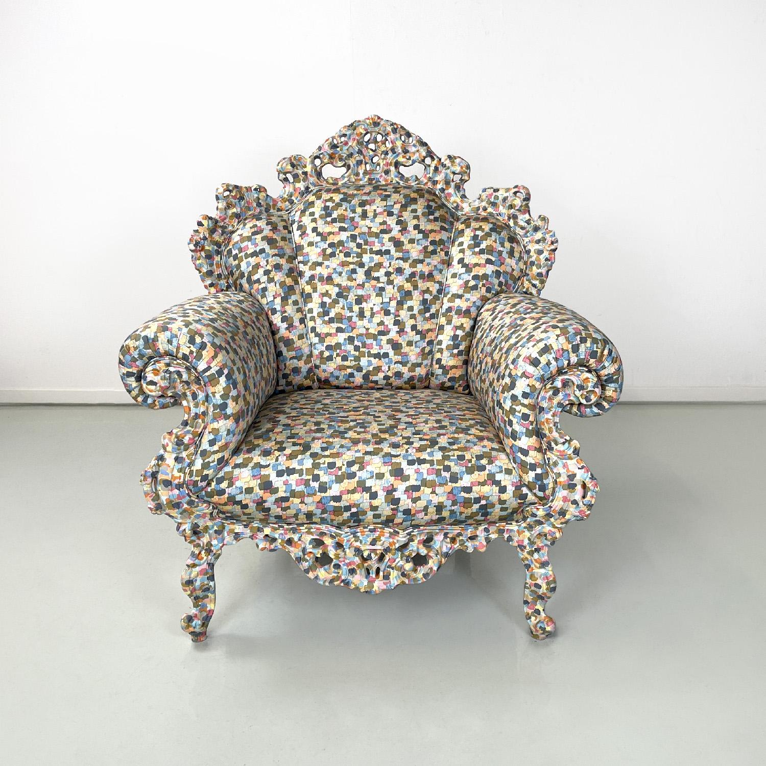 Italian modern armchair Proust by Alessandro Mendini for Cappellini, 1990s
Armchair mod. Proust with fabric and hand-painted wood. The pattern of the fabric and the decoration on the wood is composed of many square brushstrokes that overlap and sit