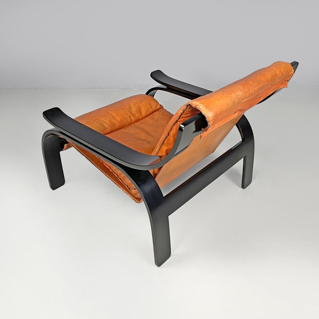 Italiano Poltrona moderna italiana Wood Woodline in legno e pelle di Zanuso per Arflex, anni '70