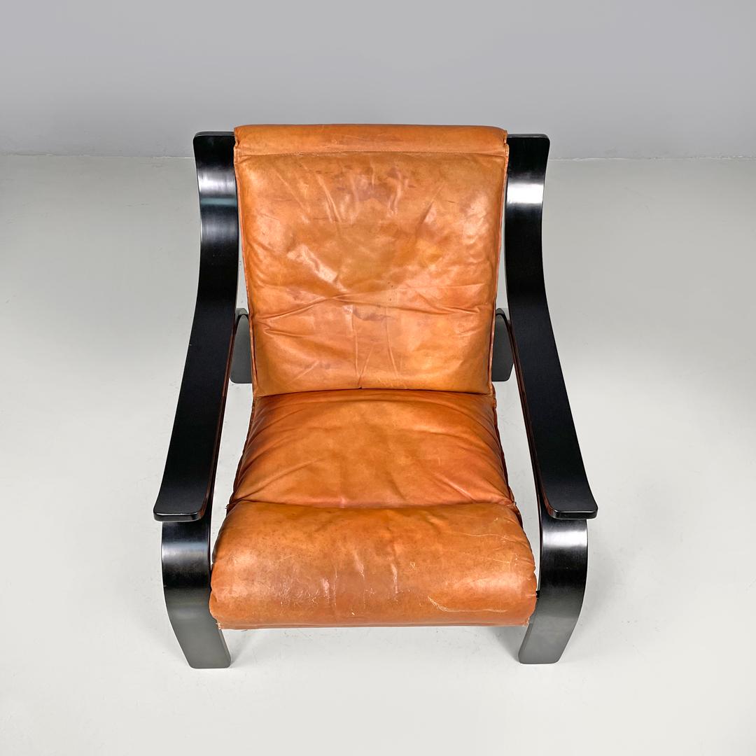 Fine XX secolo Poltrona moderna italiana Wood Woodline in legno e pelle di Zanuso per Arflex, anni '70