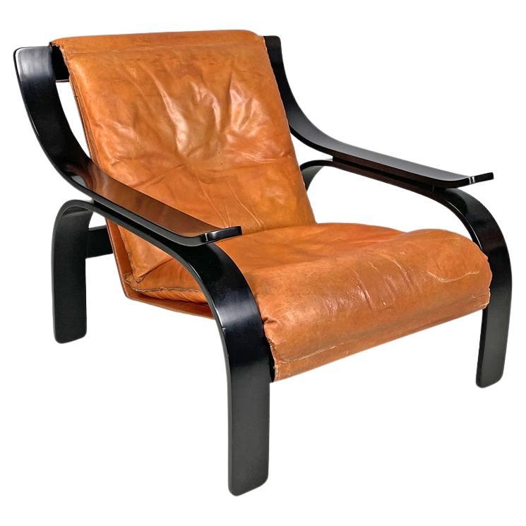 Poltrona moderna italiana Wood Woodline in legno e pelle di Zanuso per Arflex, anni '70