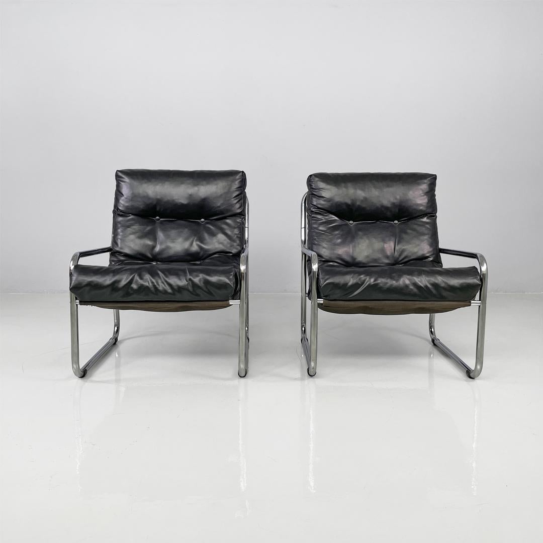 Fauteuils modernes italiens en métal tubulaire et cuir synthétique noir, 1970 en vente 7