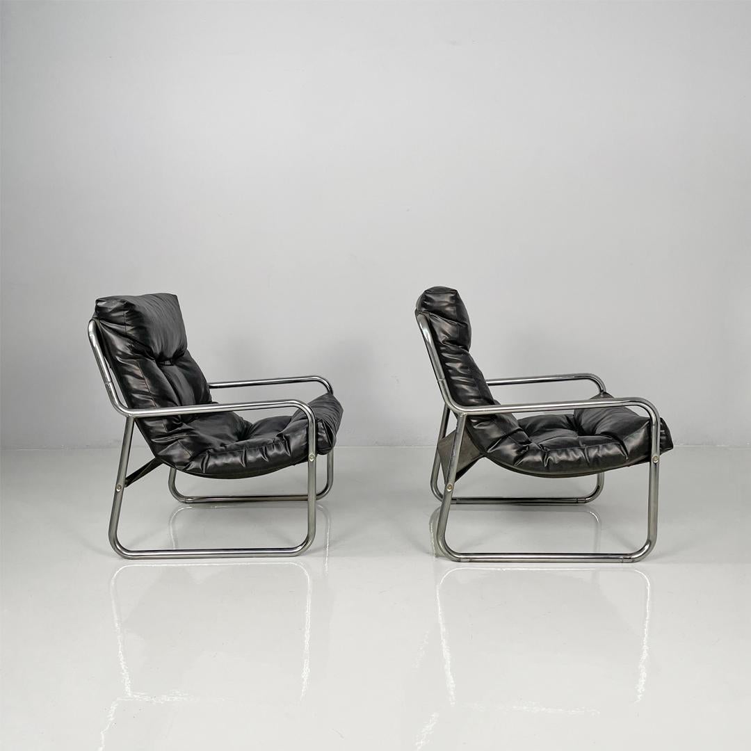Italian modern armchairs in tubular metal and black synthetic leather, 1970s en vente 7