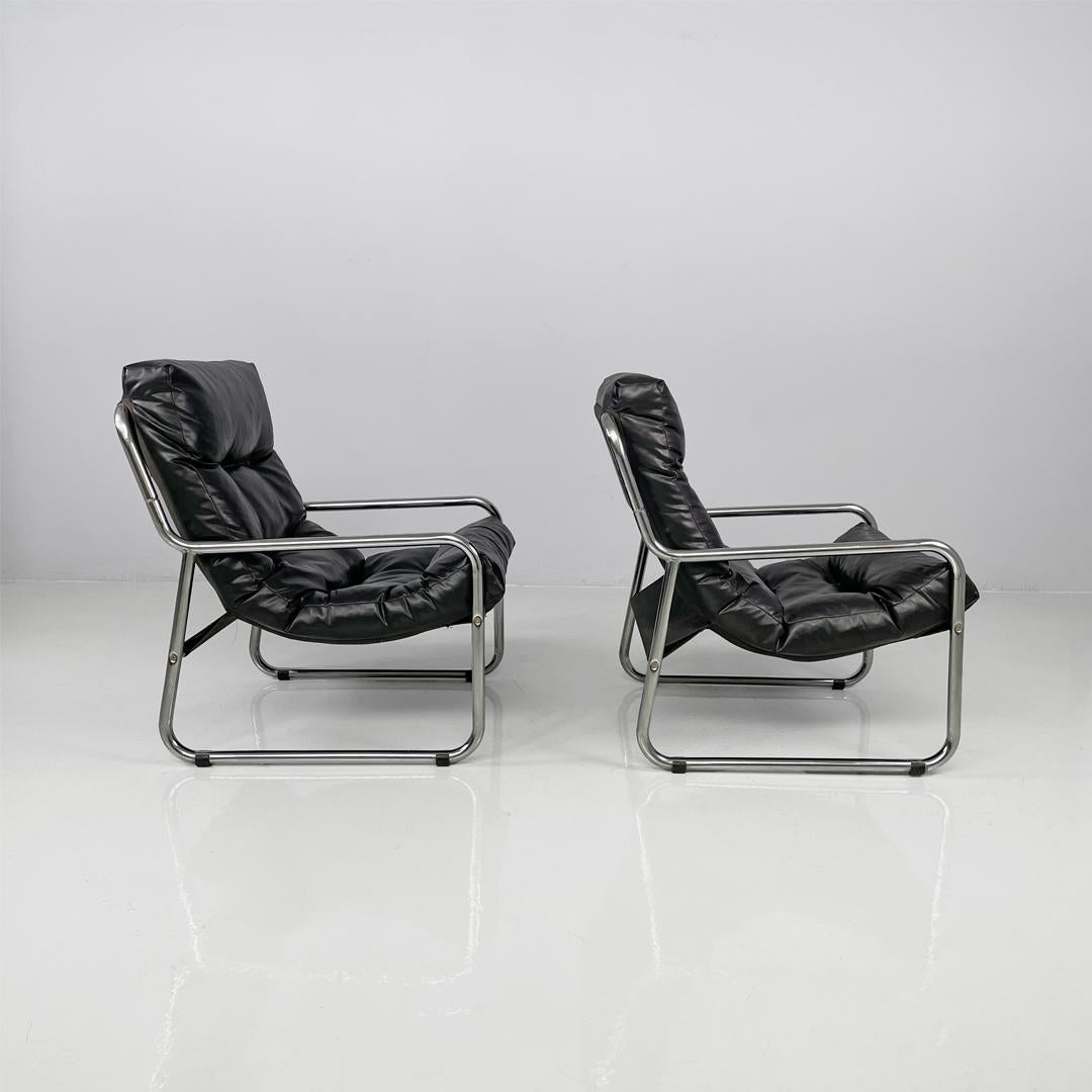 Fauteuils modernes italiens en métal tubulaire et cuir synthétique noir, 1970 en vente 8