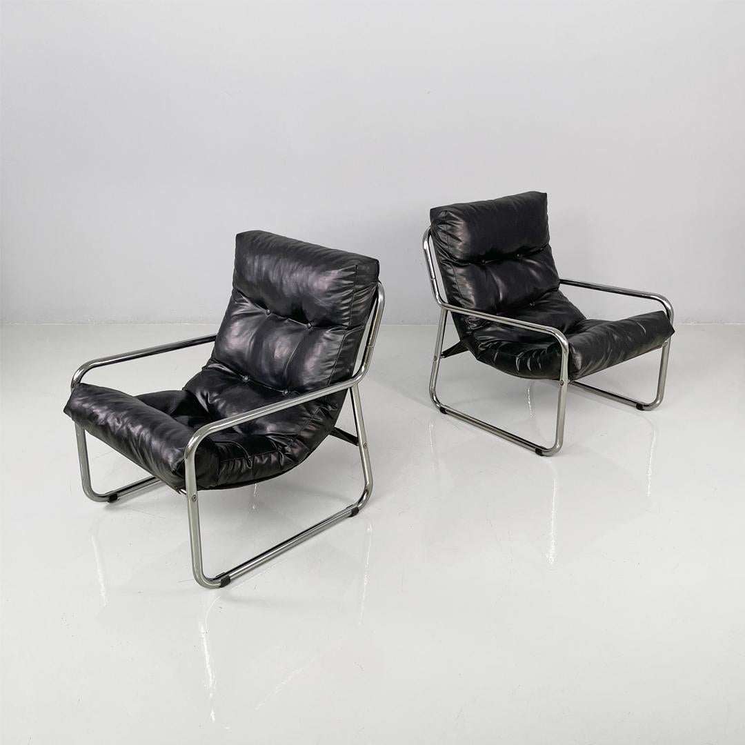 Fauteuils modernes italiens en métal tubulaire et cuir synthétique noir, 1970 en vente 9