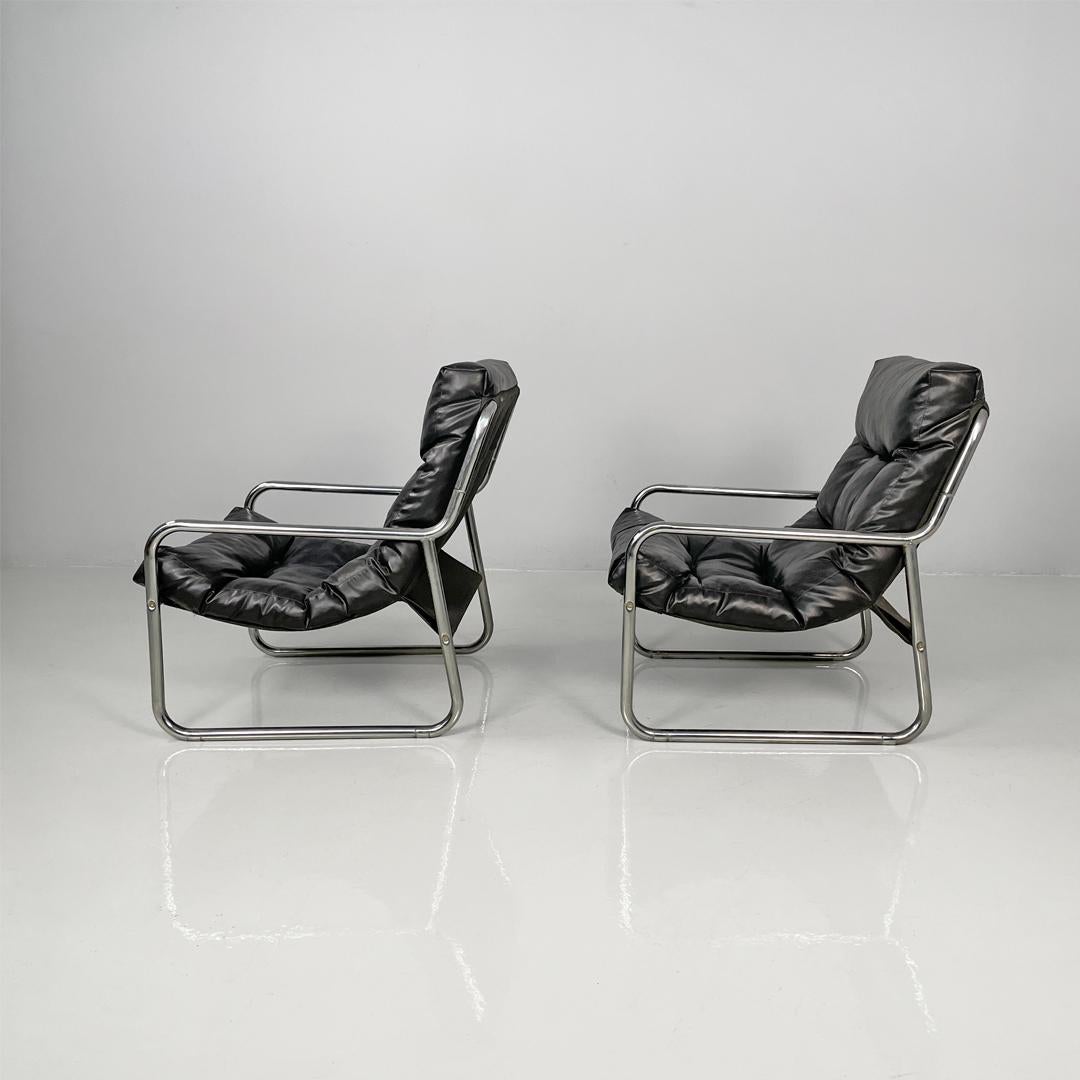 Italian modern armchairs in tubular metal and black synthetic leather, 1970s en vente 9