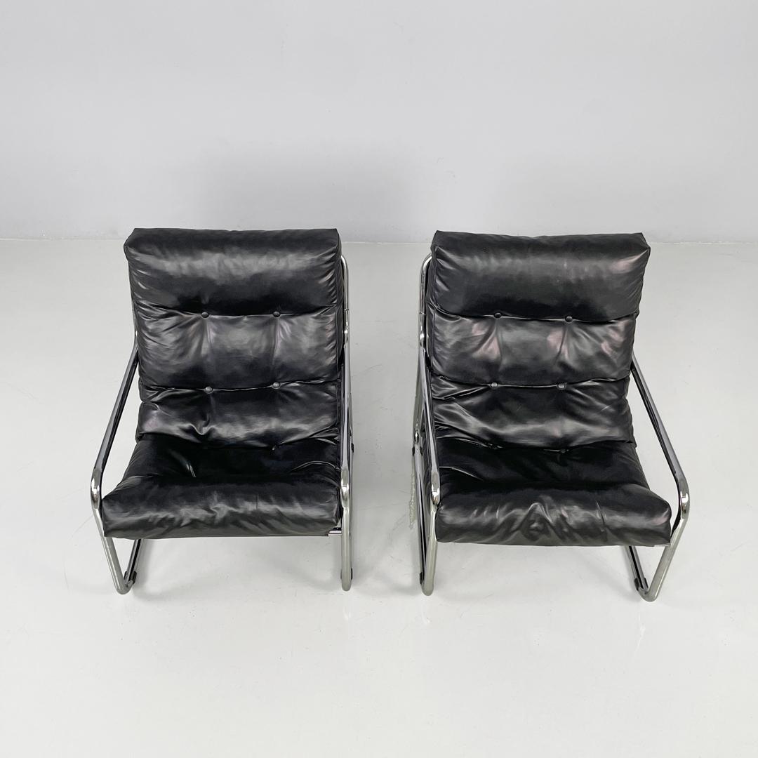 Fauteuils modernes italiens en métal tubulaire et cuir synthétique noir, 1970 en vente 11