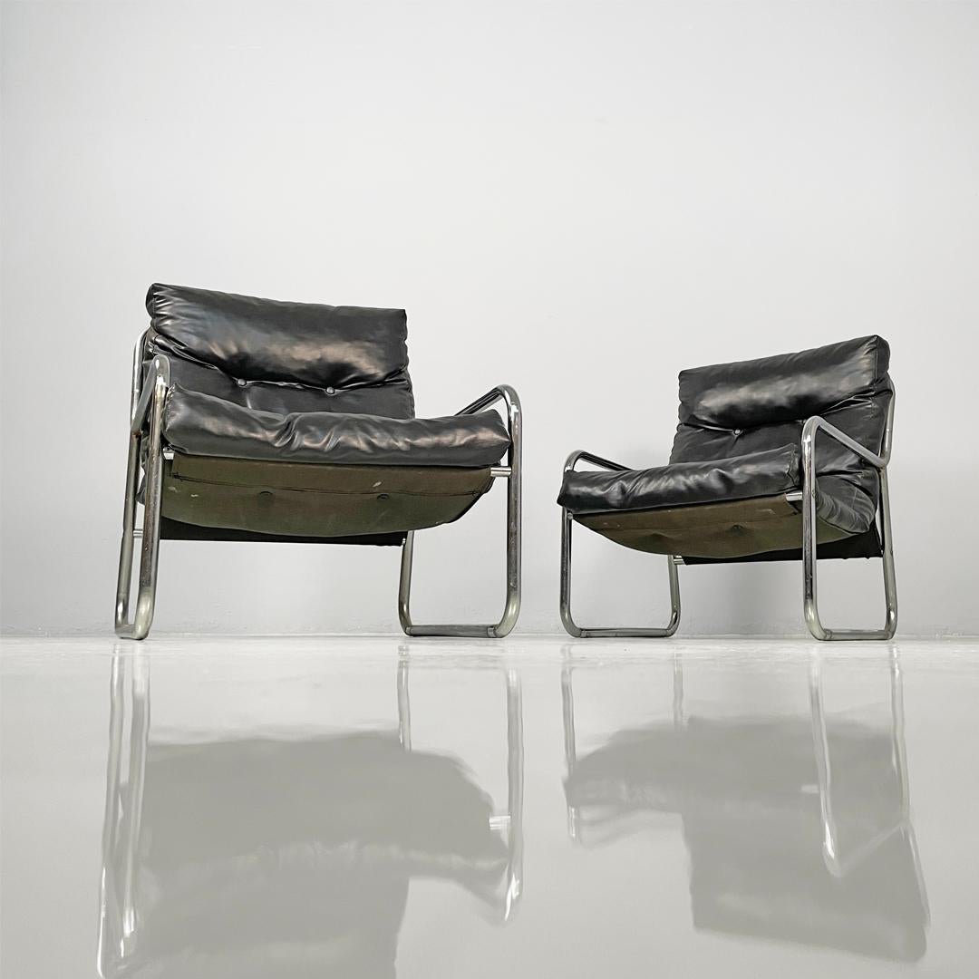 Italian modern armchairs in tubular metal and black synthetic leather, 1970s en vente 11