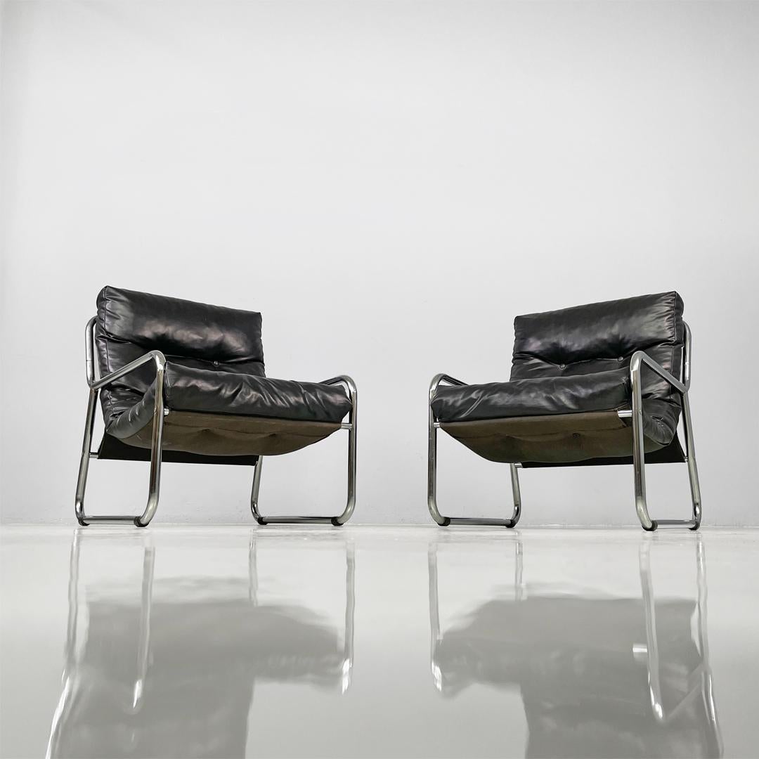 Fauteuils modernes italiens en métal tubulaire et cuir synthétique noir, 1970 en vente 13