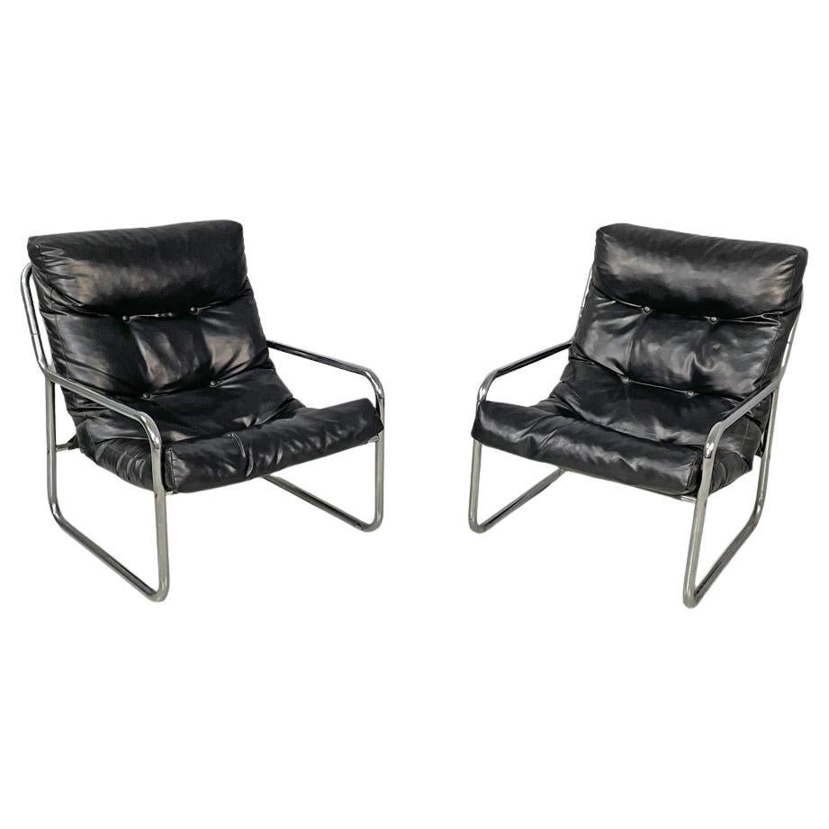 Italian modern armchairs in tubular metal and black synthetic leather, 1970s