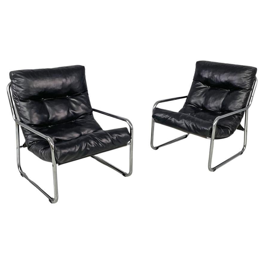 Italian modern armchairs in tubular metal and black synthetic leather, 1970s