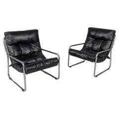 Italian modern armchairs in tubular metal and black synthetic leather, 1970s