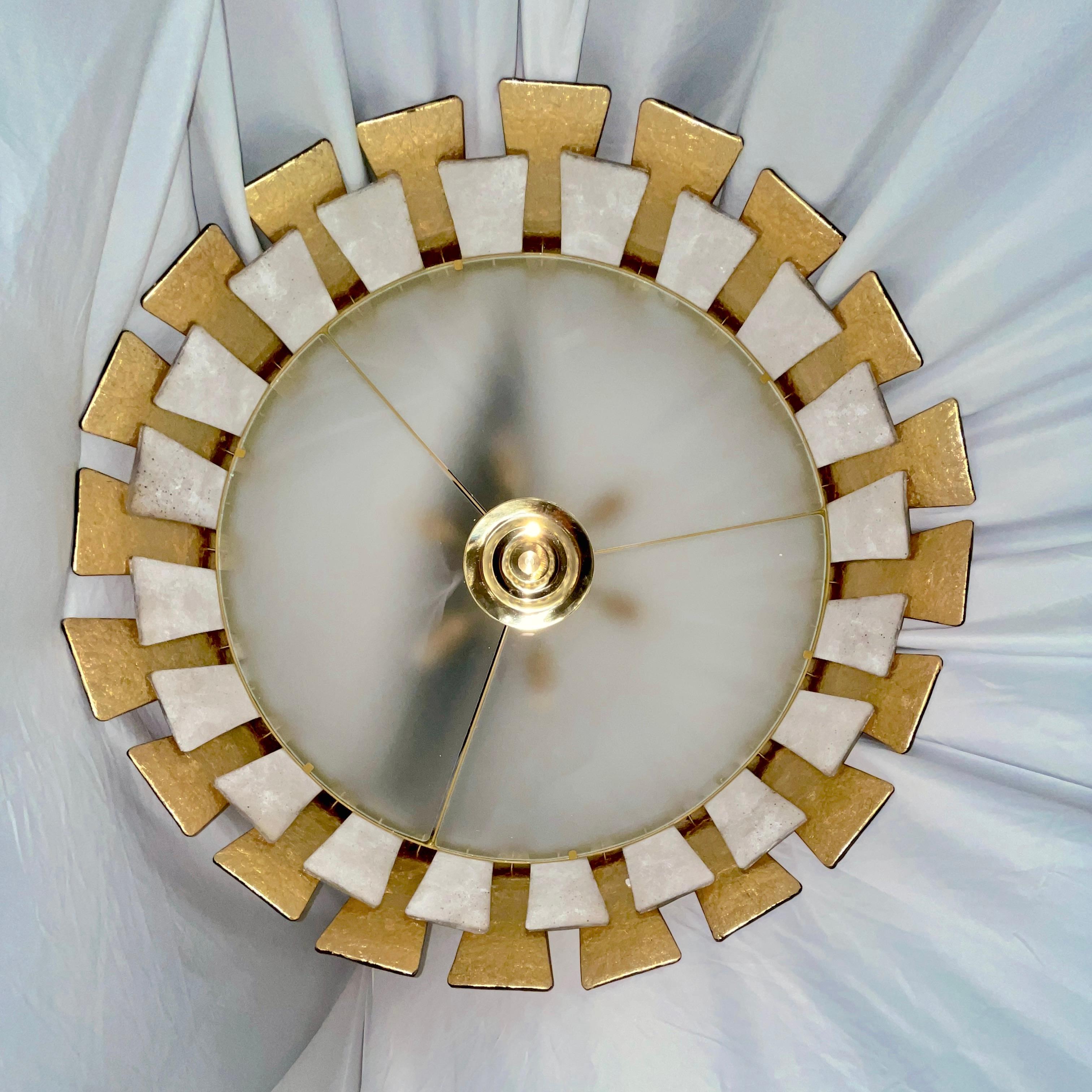 Brass Italian Modern Art Deco Design Frosted White Gold Murano Glass Round Chandelier For Sale