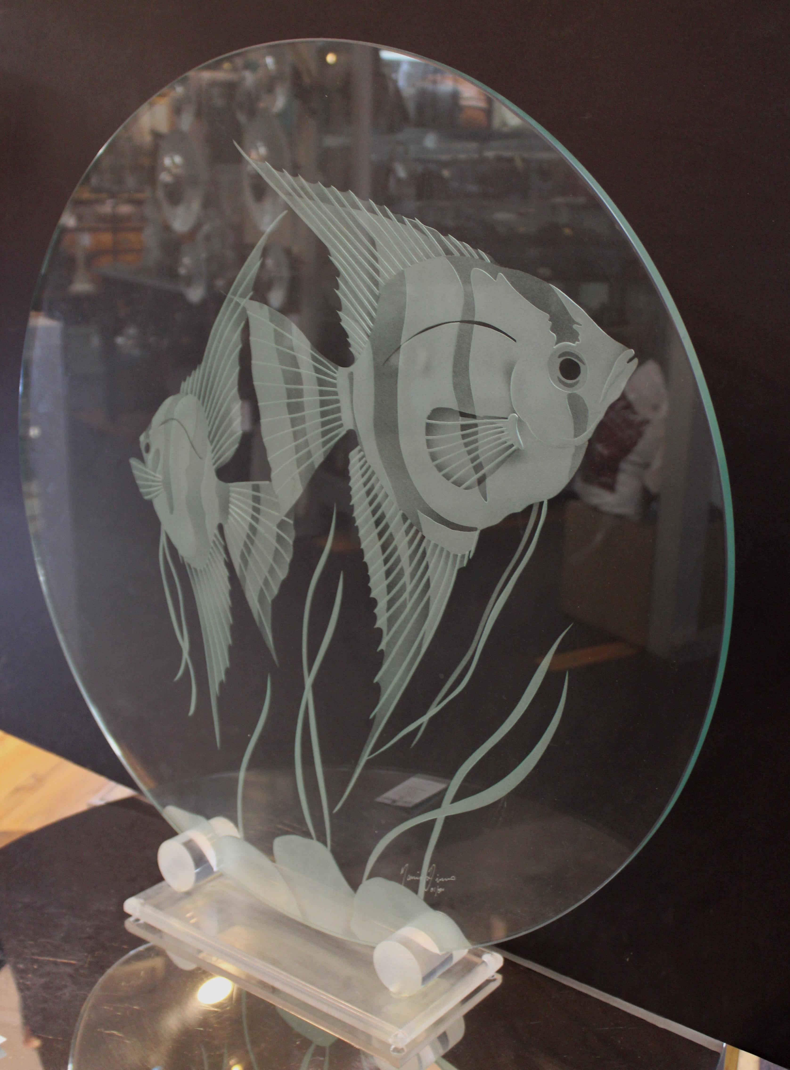 Italian Modern Art Glass Disc With Etched Fish Scene Atop Lucite Stand 6