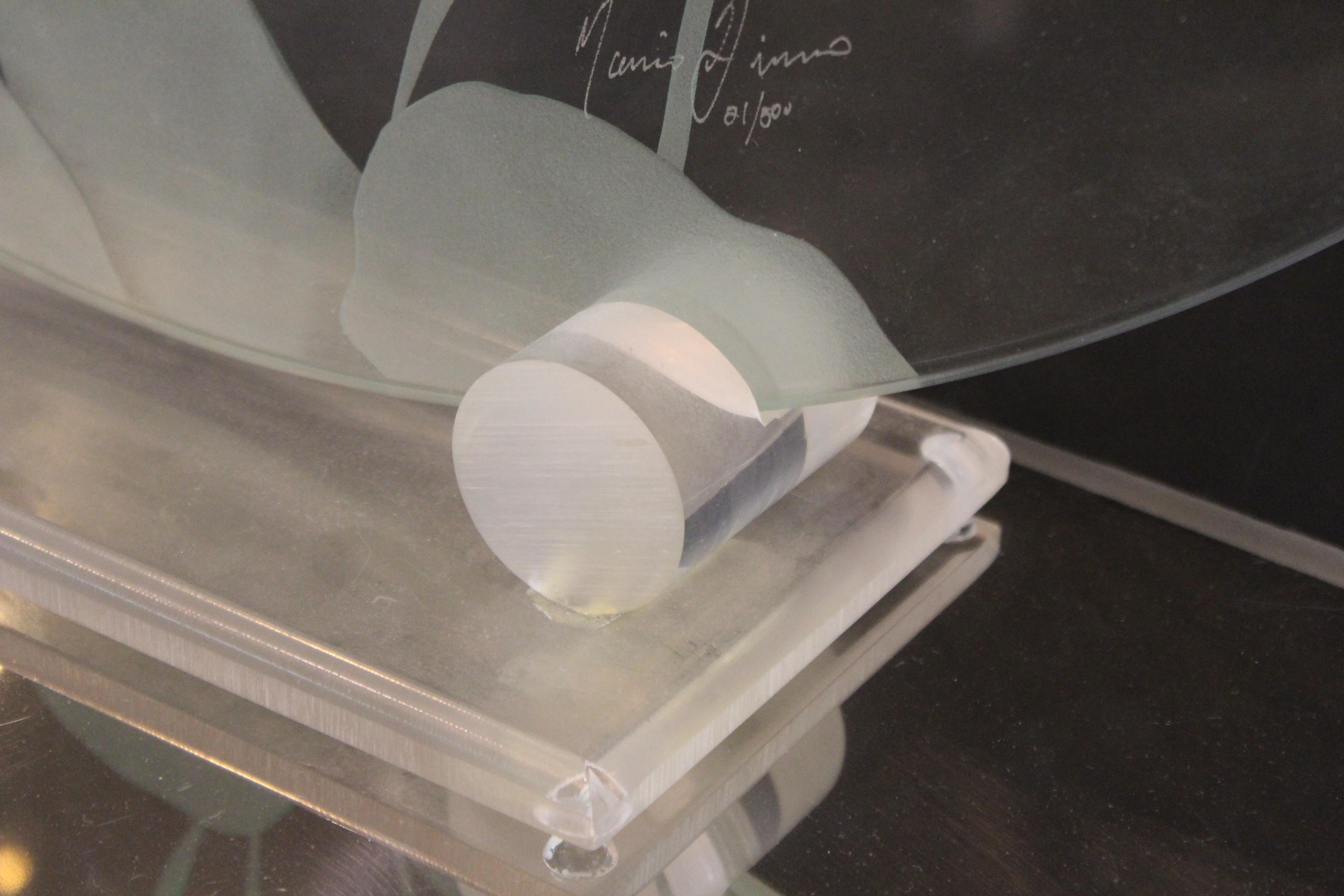 Italian Modern Art Glass Disc With Etched Fish Scene Atop Lucite Stand 7