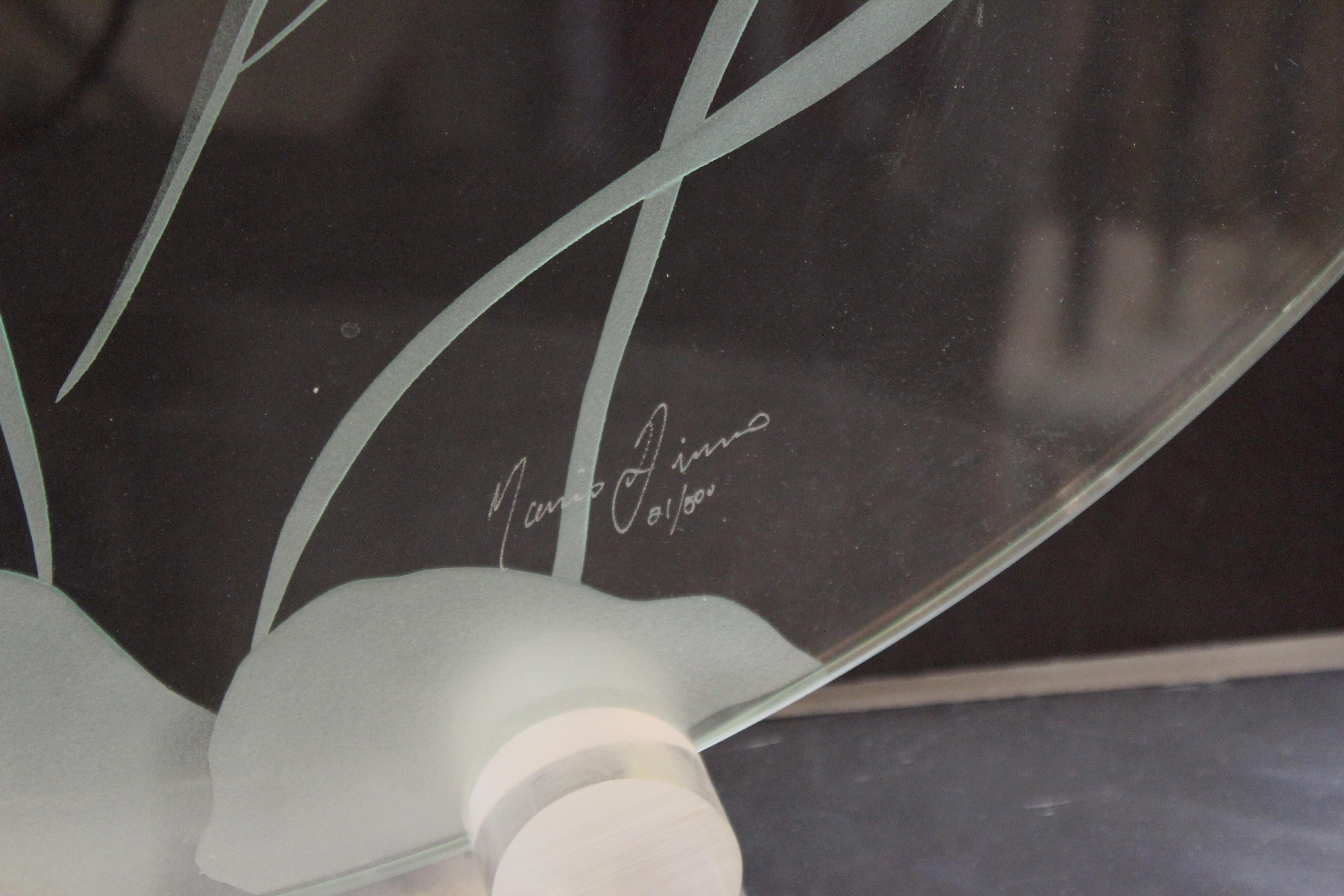 20th Century Italian Modern Art Glass Disc With Etched Fish Scene Atop Lucite Stand