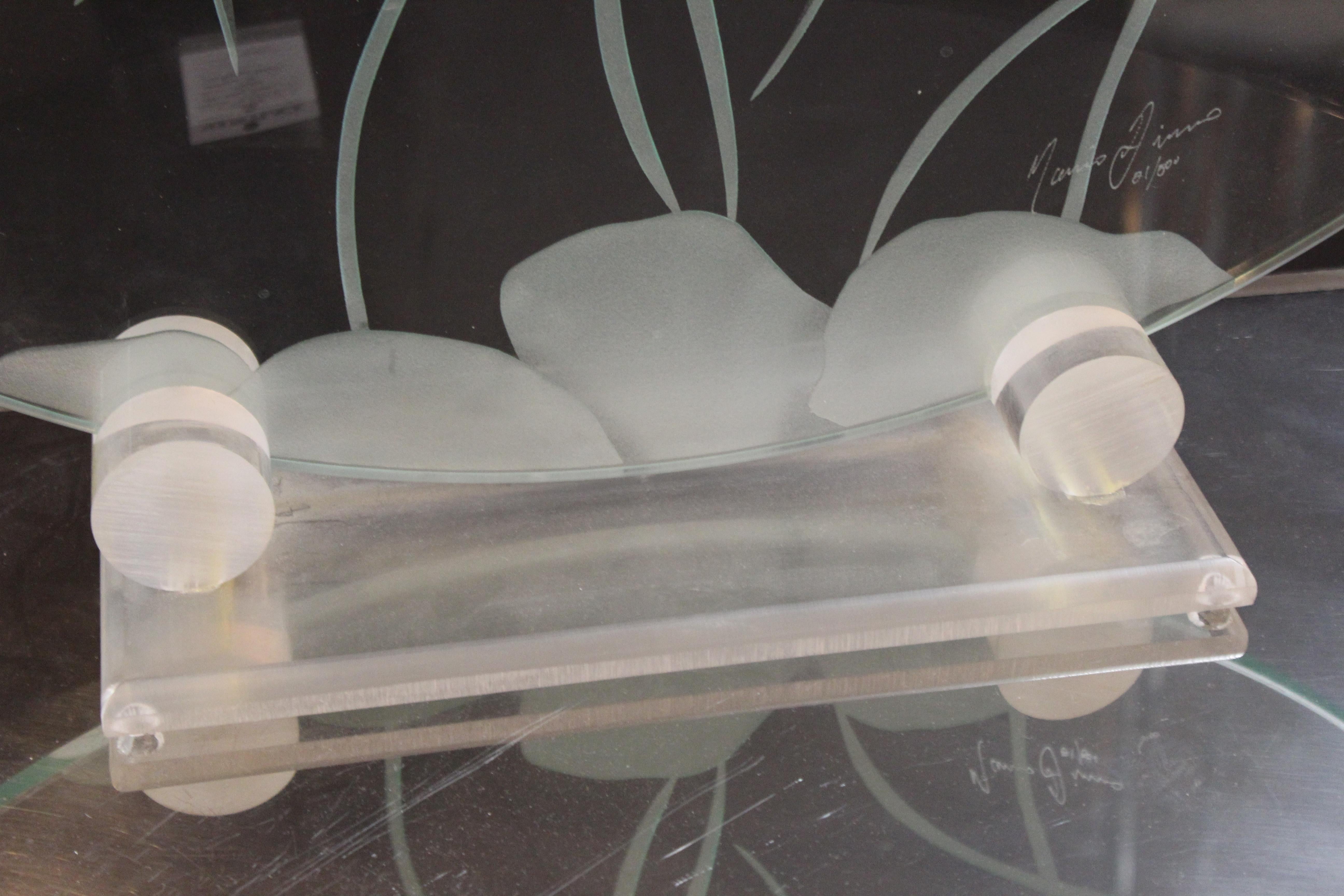 Italian Modern Art Glass Disc With Etched Fish Scene Atop Lucite Stand 3