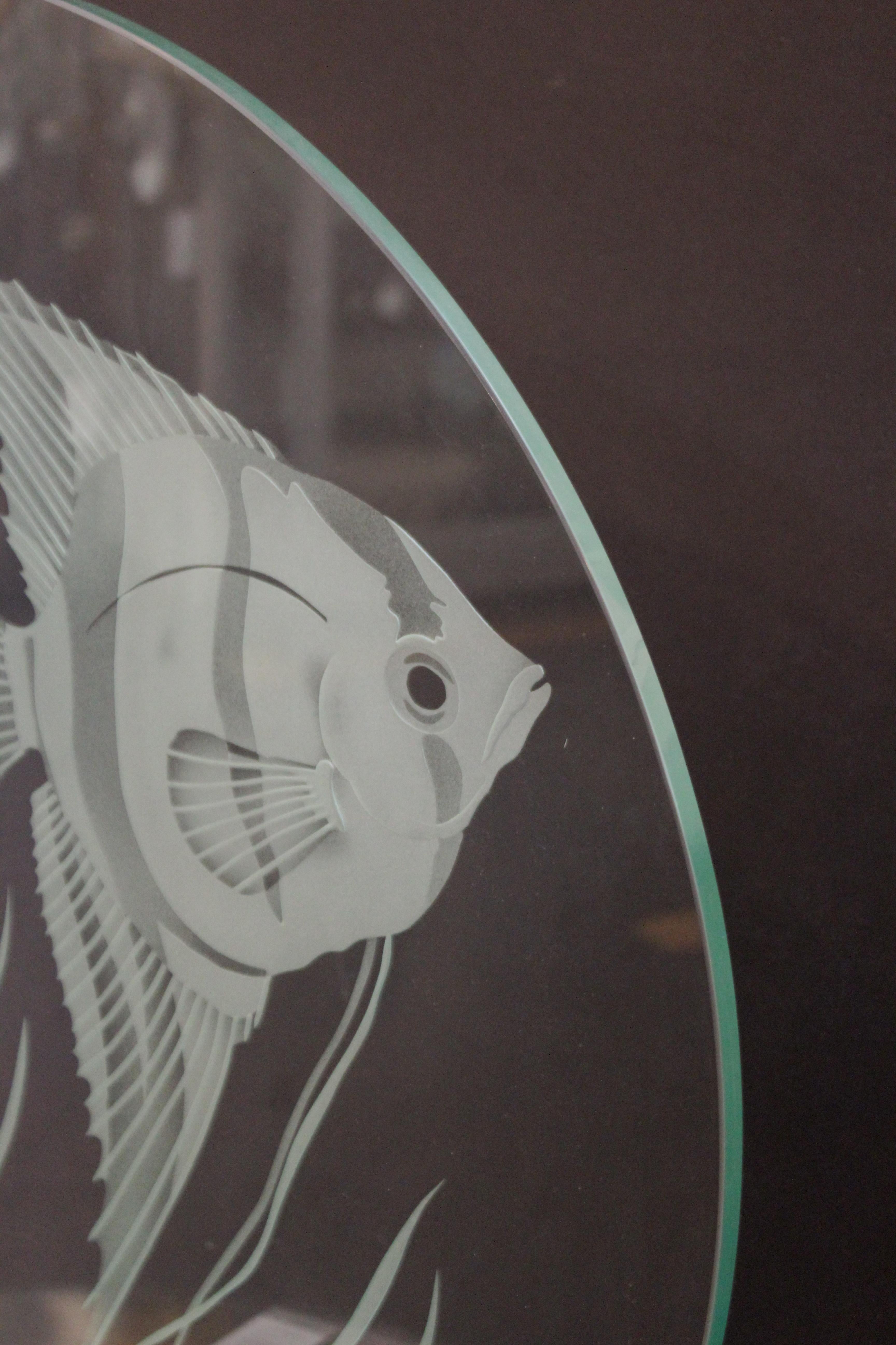 Italian Modern Art Glass Disc With Etched Fish Scene Atop Lucite Stand 5