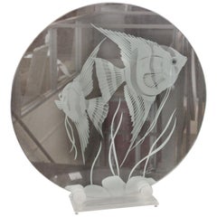 Italian Modern Art Glass Disc With Etched Fish Scene Atop Lucite Stand