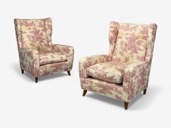 Italian Modern, Ashwood, Fabric, Large Wingback Chairs, Italy, 1950s