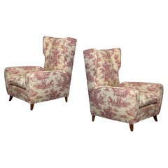 Italian Modern, Ashwood, Fabric, Large Wingback Chairs, Italy, 1950s