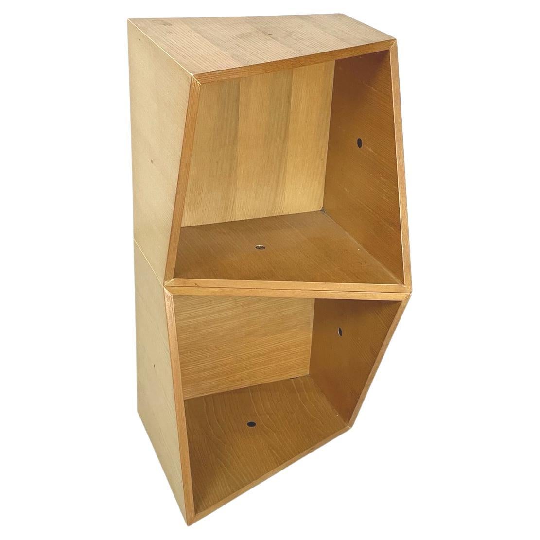 Italian modern Asymmetric bookcase with 2 shelves in light wood, 1980s For Sale