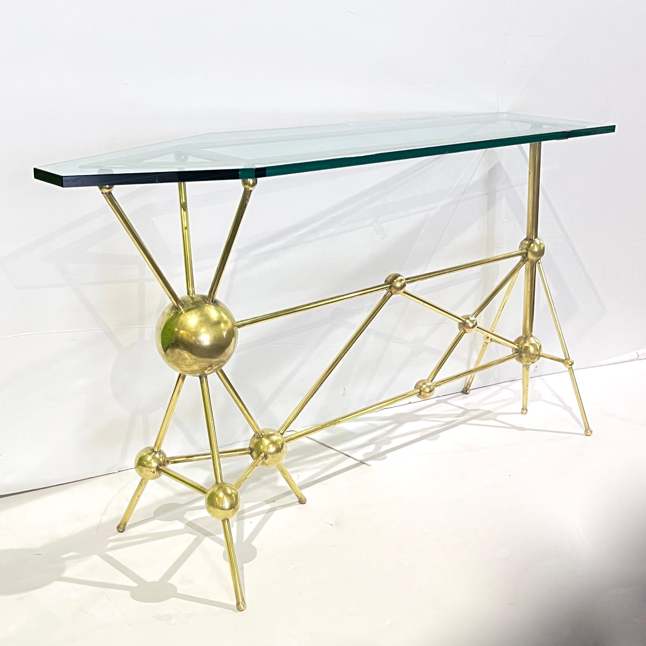 Italian Modern Atomic Planet Design Slim Asymmetrical Brass Sphere Console Table For Sale 4