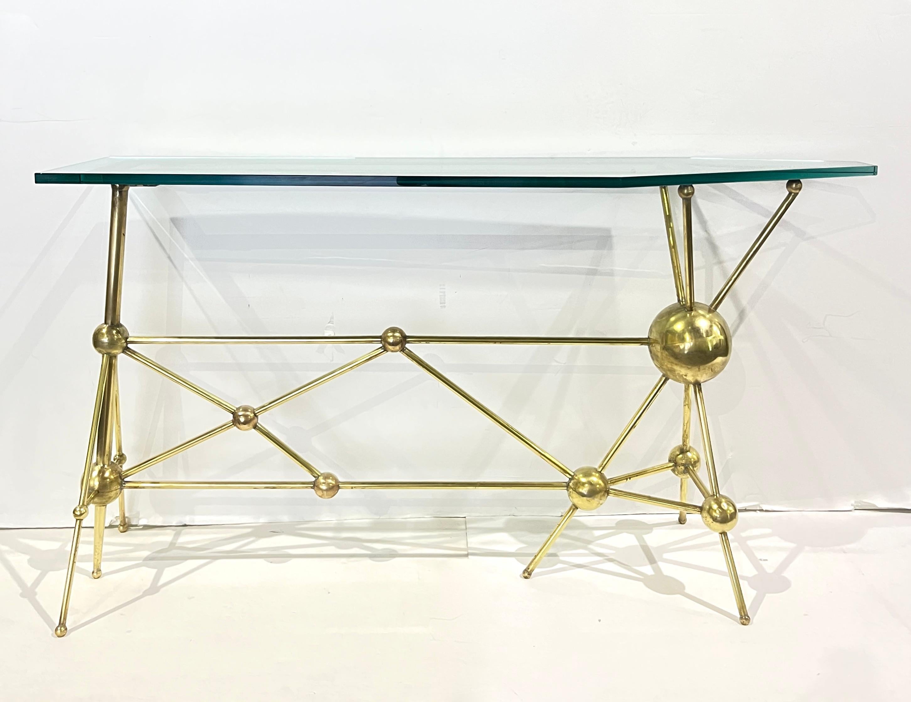 Italian Modern Atomic Planet Design Slim Asymmetrical Brass Sphere Console Table For Sale 5