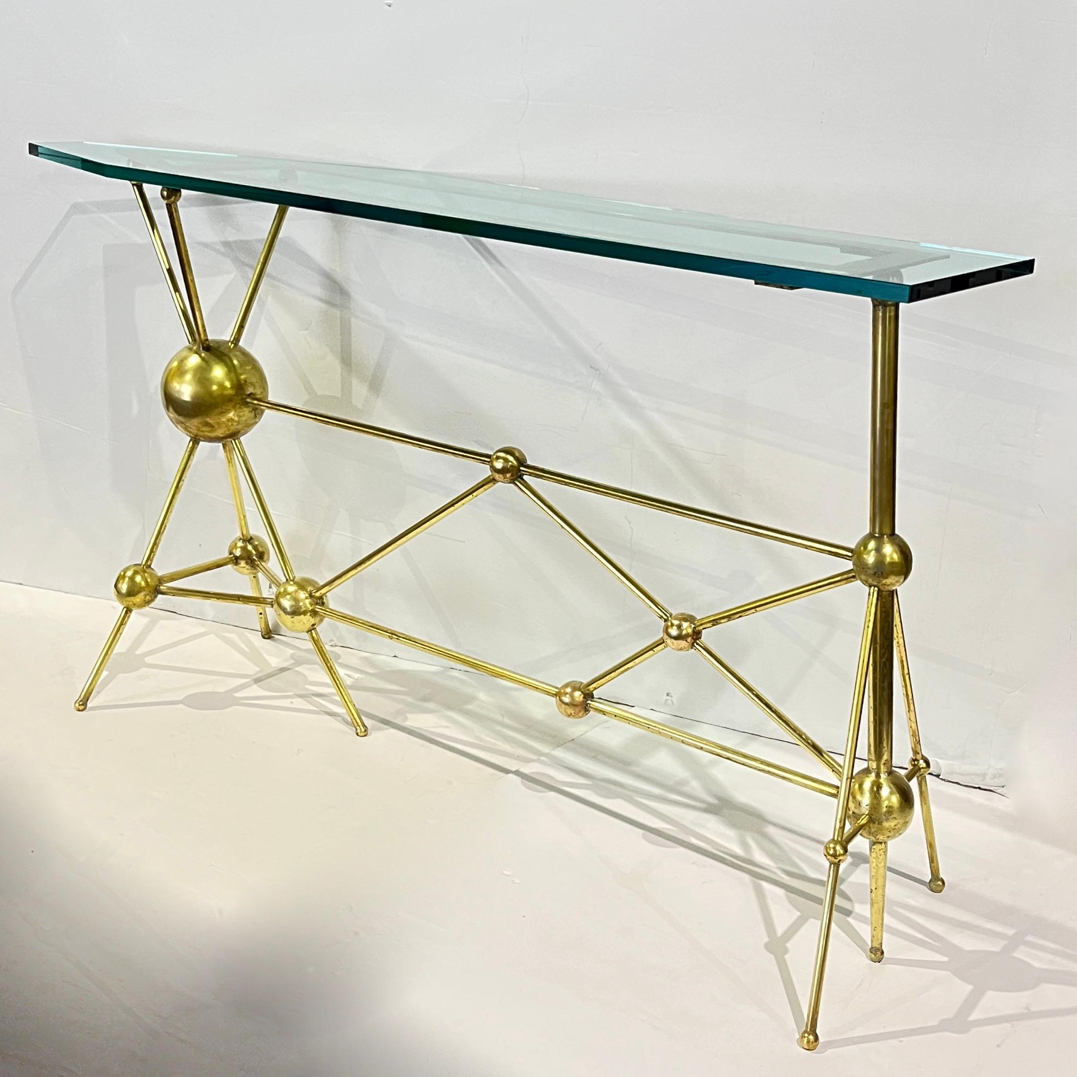 Italian Modern Atomic Planet Design Slim Asymmetrical Brass Sphere Console Table For Sale 7