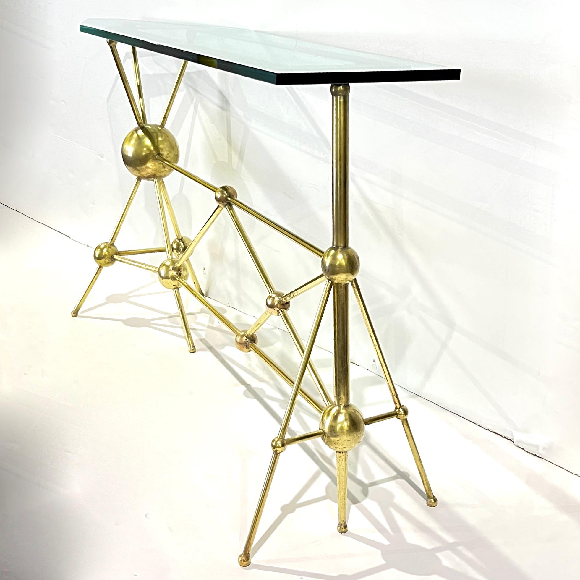 Italian Modern Atomic Planet Design Slim Asymmetrical Brass Sphere Console Table For Sale 8