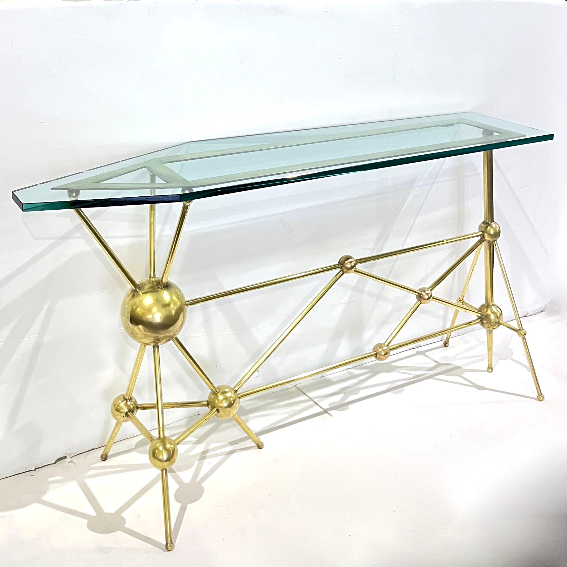 Italian Modern Atomic Planet Design Slim Asymmetrical Brass Sphere Console Table For Sale 9