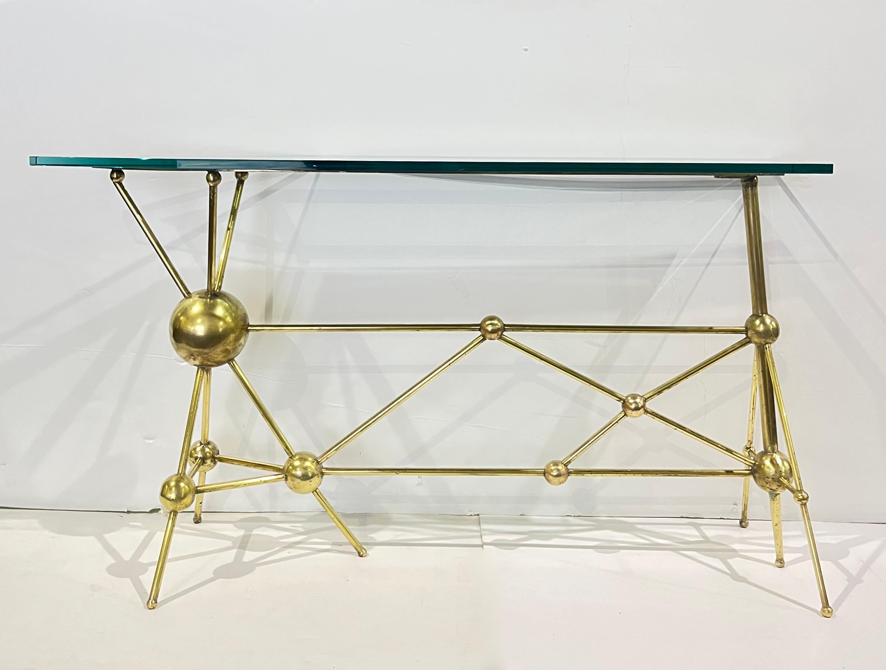 Italian Modern Atomic Planet Design Slim Asymmetrical Brass Sphere Console Table For Sale 10