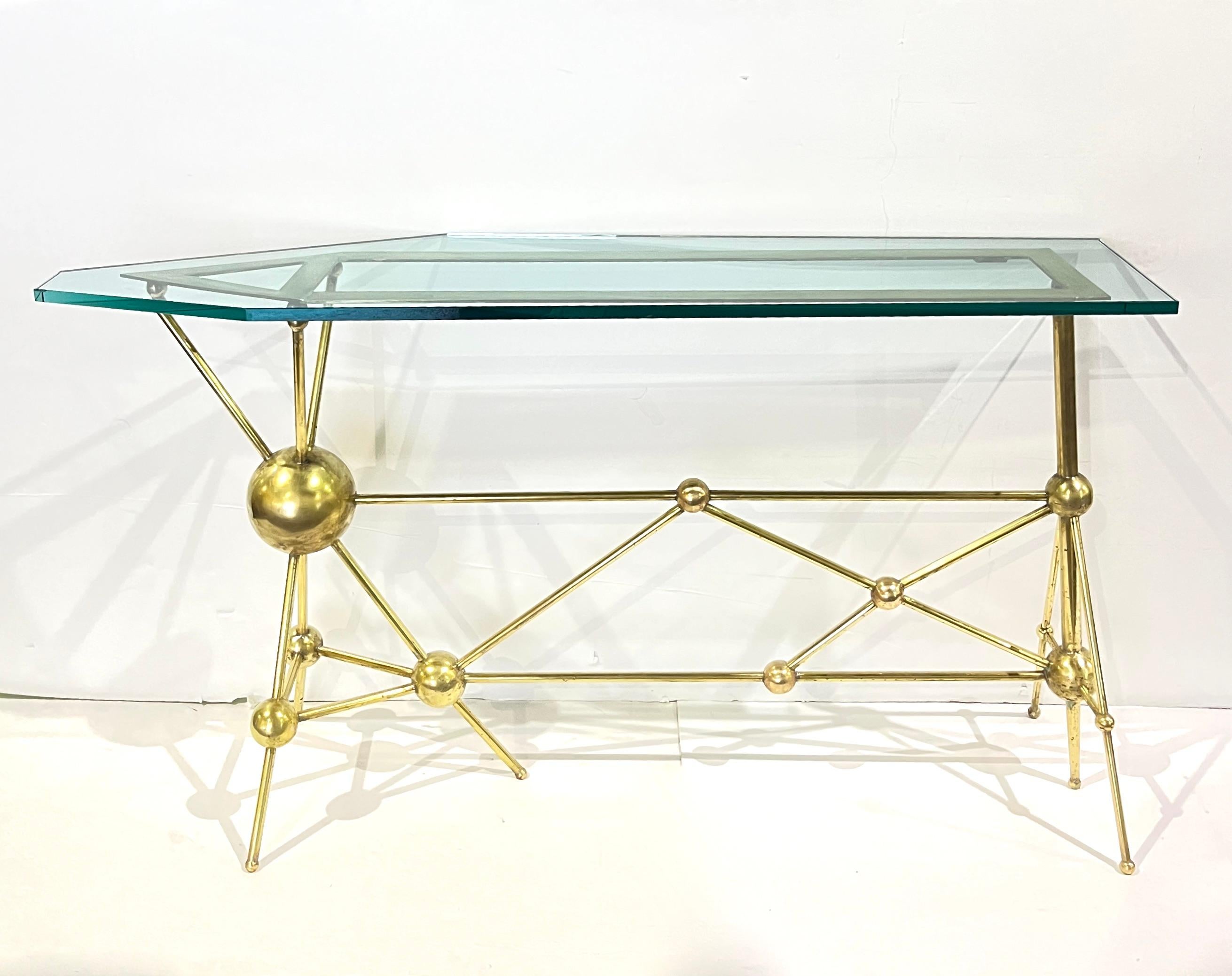 Organic Modern Italian Modern Atomic Planet Design Slim Asymmetrical Brass Sphere Console Table For Sale